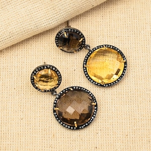 Elevate Citrine & Smoky Quartz Gemstone Earrings With Pave Diamonds in 925 Sterling Silver, Unique Gift, Dangle Drop Earrings, Gift For Love