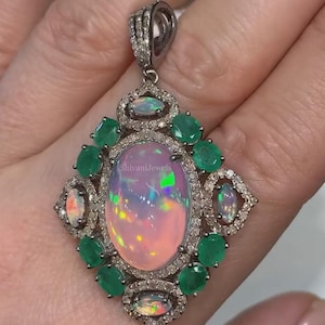Natural Fire Opal & Emerald Gemstone Pendant, 925 Sterling Silver, Pave Diamond Necklace Pendant, Handmade Women Jewelry, Anniversary Gift