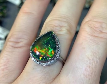 Elegant Natural Fire Opal Gemstone Ring, Pave Diamond Silver Ring, Pear Cut Opal Ring, 925 Sterling Silver Ring, Free Shipping Jewelry