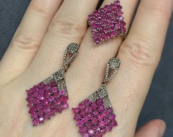 Set di anello e orecchini pendenti con rubino naturale, argento sterling 925 Art Déco