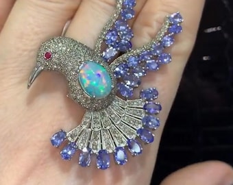 Tanzanite Brooch Pin Pendant, Opal Gemstone Brooch Pin, 925 Sterling Silver Brooch Pendant, Bird Shape Jewelry, Pave Diamond Brooch Pin