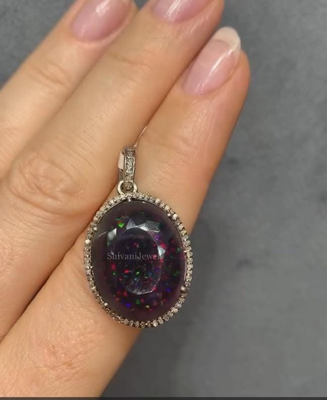 Natural Black Fire Opal Pendant, Solid 925 Sterling Silver Pendant, Genuine Pave Diamond Wedding Wear Jewelry, Anniversary Gift for Women's