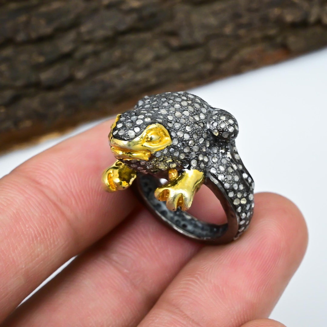Genuine Pave Diamond Frog Ring, 925 Sterling Silver Animal Jewelry