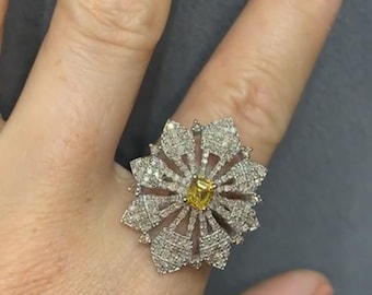Yellow Sapphire Ring, Pave Diamond Cocktail Ring, Sterling Silver