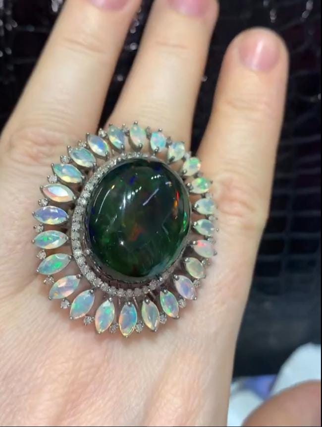 ブラックオパールダイヤモンドリング、925スターリングシルバー