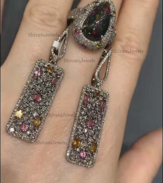 Natural Tourmaline & Opal Ring, Pave Diamond Tourmaline Earring, 925 Sterling Silver Jewelry Set