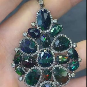 Natural Black Fire Opal Gemstone Pendant, Pave Diamond Pendant, 925 Sterling Silver Opal Pendant, Wedding Anniversary Gift Jewelry For Women