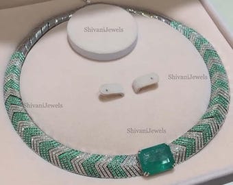 Natural Green Emerald Necklace with Pave Diamond in Solid 925 Sterling Silver Wedding Jewelry