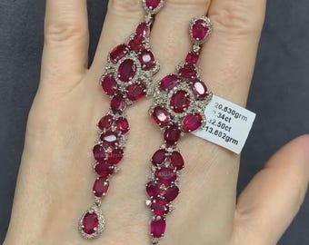 Beautiful Natural Red Ruby Gemstone Earring, Pave Diamond Dangle Earring, Solid 925 Sterling Silver Earring, Women&#39;s Wedding Gift Jewelry