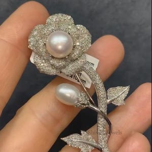 Genuine Pave Diamond & Pearl Brooch, Flower Shape Diamond Brooch, 925 Solid Sterling Silver Flower Brooch Pin Jewelry, Anniversary Gift