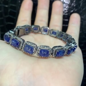 Natural Blue Sapphire Bracelet Jewelry, Pave Diamond Bracelet, Sapphire 925 Sterling Silver Jewelry, Wedding And Anniversary Gifts Jewelry