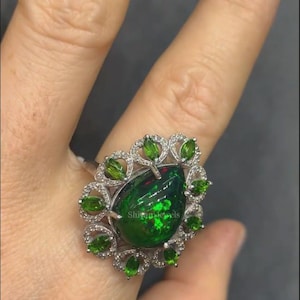 Natural Green Fire Opal & Chrome Diopside Ring, Pave Diamond Handmade Ring, 925 Sterling Silver Ring, Women Ring Jewelry, Gift For Birthday