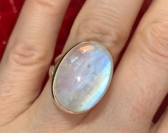 Moonstone Ring, 925 Sterling Silver Ring, Birthstone Ring, Boho Ring, Gift Ring, Oval Rainbow Moonstone Ring, Handmade Ring, Free Shipping