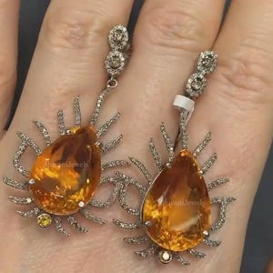Natural Citrine Gemstone Dangle Earrings, Pave Diamond Earrings, Handmade Designer Gemstone Earring, 925 Sterling Silver, Anniversary Gift