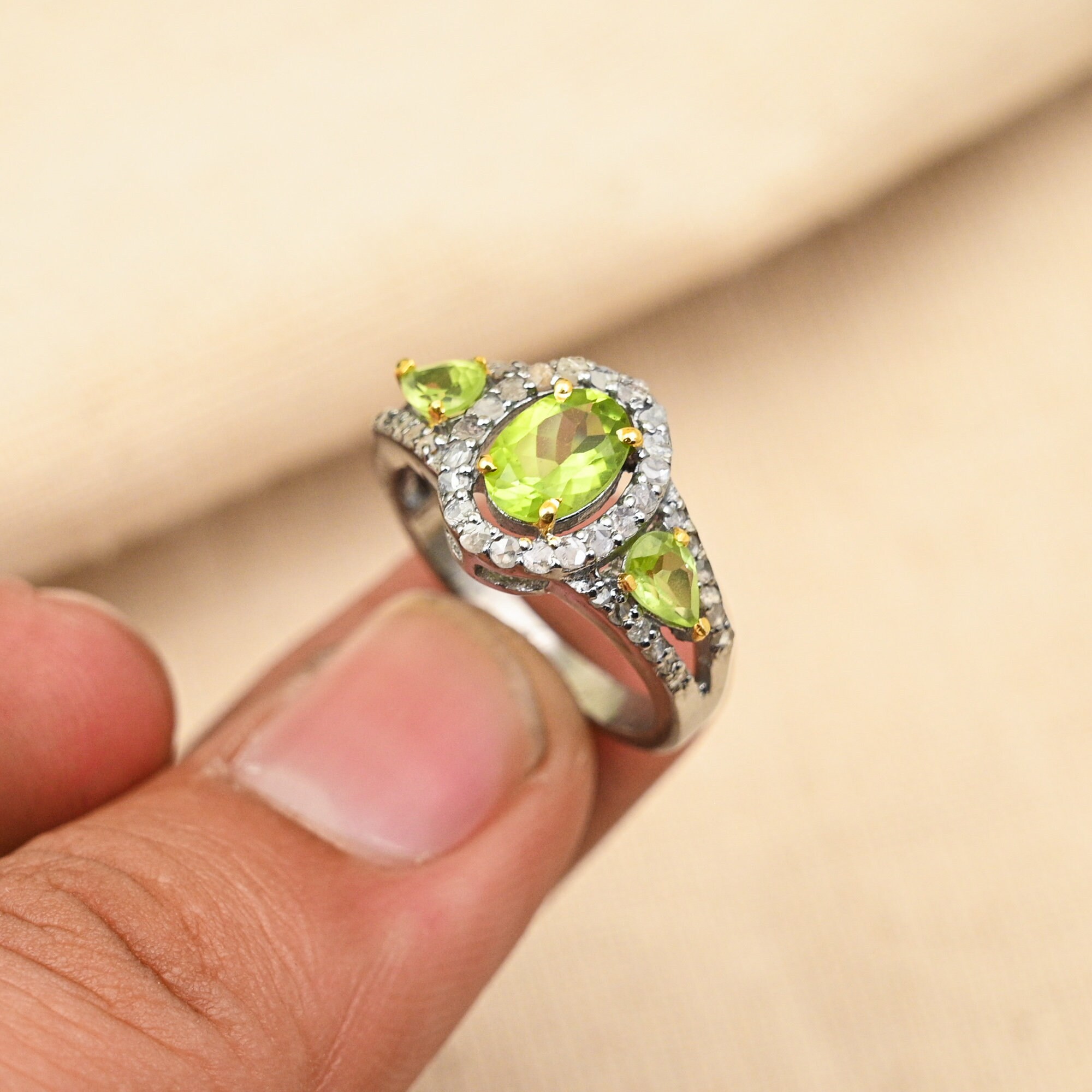 Wonderful Green Peridot Gemstone Ring With Pave Diamonds in 925 Sterling Silver, August Birthstone, Statement Ring, Perfect Anniversary Gift