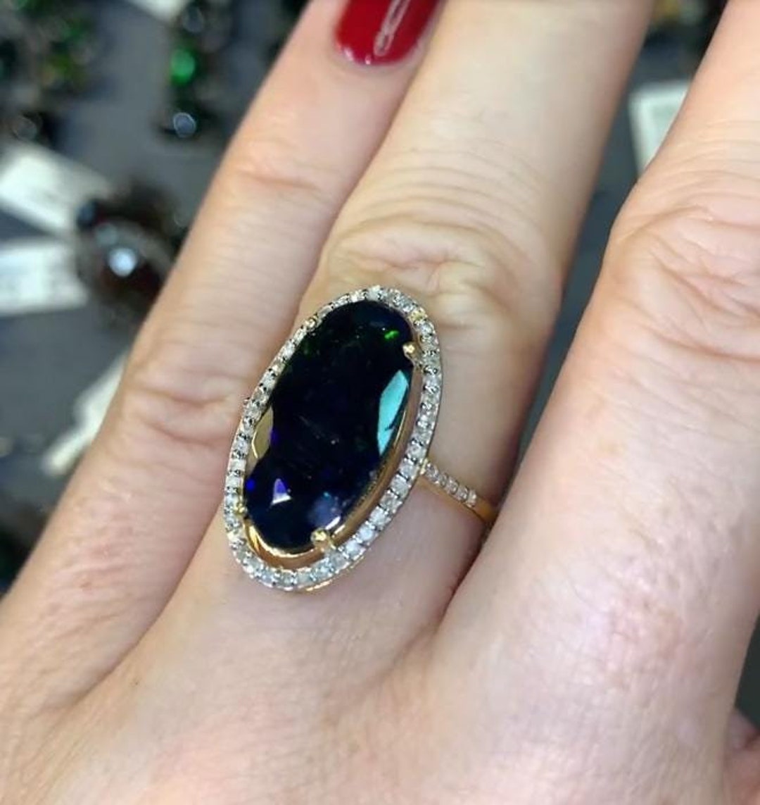 ブラックオパールリング、パヴェダイヤモンド、925スターリング