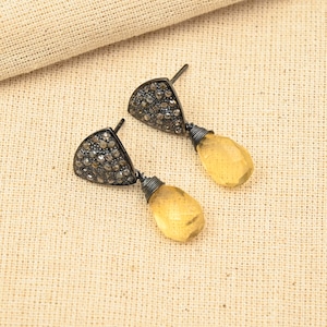 Exquisite Citrine Gemstone Earrings With Pave Diamonds in 925 Sterling Silver, Unique Gift, Dangle Drop Earrings, Gift For Love