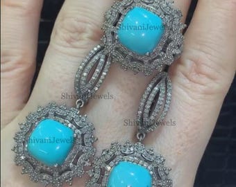 Turquoise Jewelry Set, Pave Diamond, 925 Sterling Silver Ring Earrings