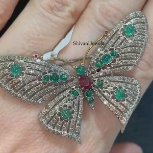 Diamond Brooch Jewelry Natural Pave Diamond Emerald & Ruby Brooch 925 Sterling Silver Brooch Jewelry, Butterfly Shape Brooch, Gift For Her