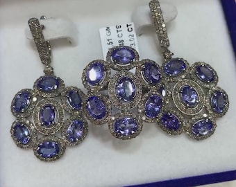 Conjunto de joyas de diamantes de tanzanita natural, anillo y pendientes Art Déco de plata de ley 925