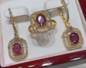 Natural Ruby Pave Diamond Ring Earrings Set, Sterling Silver