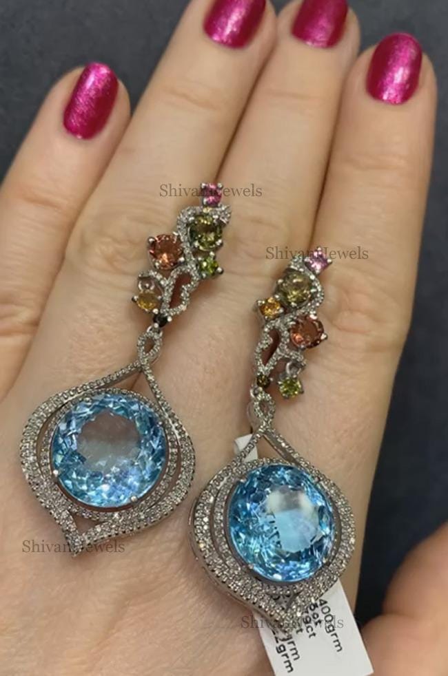 ハンドメイド925シルバーブルートパーズイヤリング、パヴェ