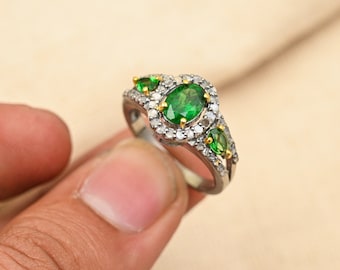 Beautiful Tsavorite Gemstone Ring, 925 Sterling Silver With Pave Diamonds, January Birthstone, Gift For Her, Perfect For Birthday & Weddings