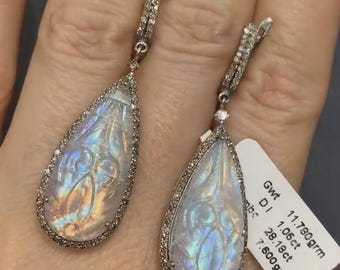 Natural Pear Rainbow Moonstone Dangle Earrings, Diamond 925 Sterling Silver, Art Deco