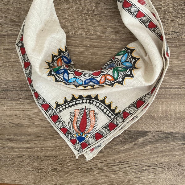 Silk Bandana Scarf with Hand-painted Madhubani Art, Organic Ahimsa Eri Silk, Neck Scarf, Silky Hair Scarf, Square Scarf, Eco friendly Gifts