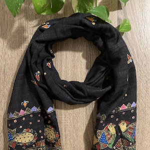 Silk Madhubani Dupatta | Black Raw Silk Scarf | Sustainable Gifts For Her