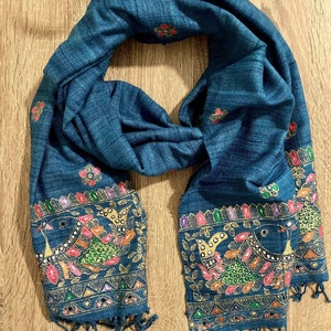 Blue Eri Silk Madhubani Dupatta | Handmade AHIMSA Pure Silk Scarf | Sustainable Gifts