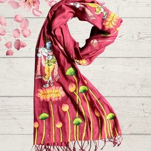 Pattachitra Handpainted Dupatta with Krishna Motif, Pink Naturally Dyed Organic Hemp Bamboo Scarf, Sustainable Gift for her