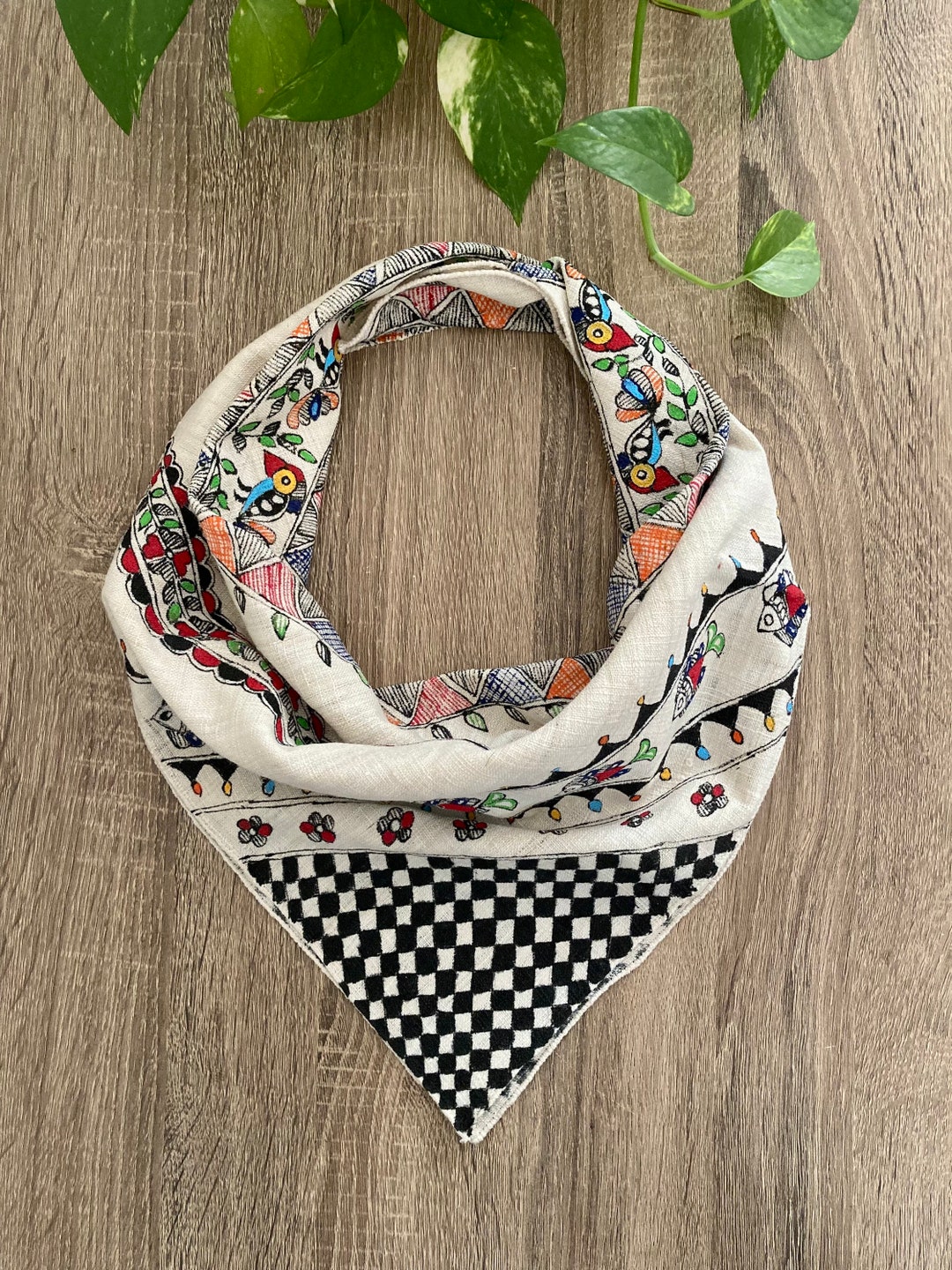 Silk Checkered Bandana With Hand-painted Madhubani Art, Silky Neck
