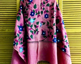 Magenta Pink Organic Linen Cotton Scarf, Handpainted Kalamkari Dupatta, Extra Large Linen Scarf