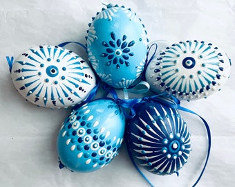 Set of 5 Hand Decorated Eggs. White&Blue Collection or Mix and Match. Pysanky. Ornament. Gift.