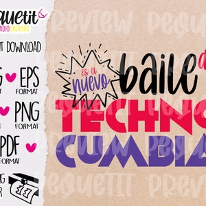 Könnte beinhalten: Ein digitales Design mit dem Text "Es el nuevo baile de la Techno Cumbia" in schwarzer, roter und violetter Schrift. Der Text ist mit einem Sternenausbruch und geometrischen Formen gestaltet.