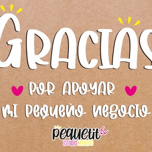 Puede incluir: Un fondo de papel marr&oacute;n con texto blanco que dice "&iexcl;GRACIAS!" con dos corazones rosas y el texto "POR APOYAR MI PEQUE&Ntilde;O NEGOCIO" y un logotipo que dice "pequetit ESTUDIO CREATIVO".