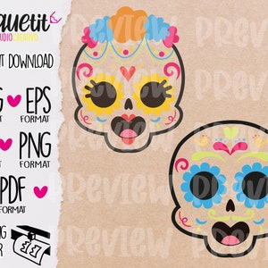 死者の日 2 Catrines シュガースカル SVG、Eps、Ai、Png、Pdf、dxf / デジタルファイル / 即時ダウンロード / デジタルカッティングファイル