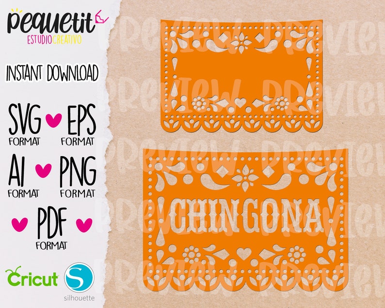 Puede incluir: Dos pancartas de papel naranja con un dise&ntilde;o tradicional mexicano. La pancarta superior est&aacute; en blanco y la pancarta inferior dice "CHINGONA!" en texto blanco.