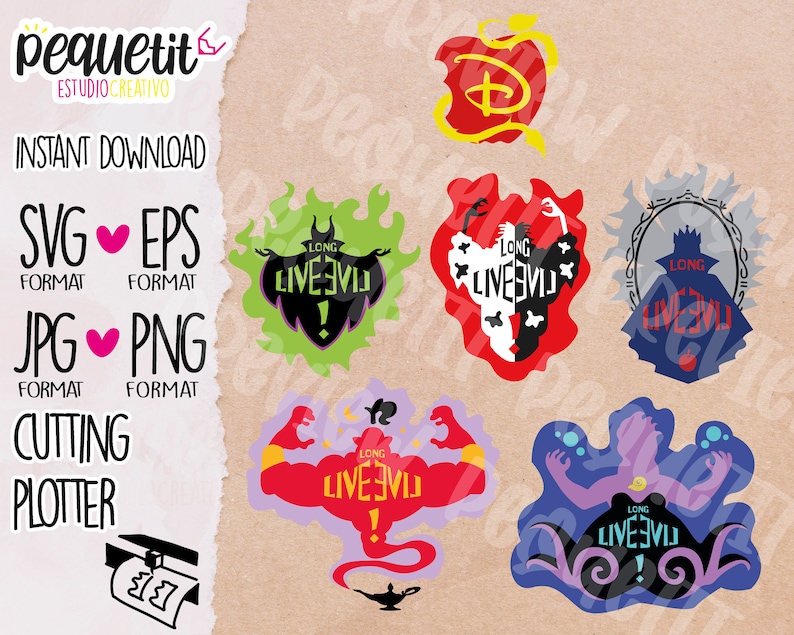 Puede incluir: Un conjunto de seis archivos de corte digital que presentan a varios villanos de Disney. Cada dise&ntilde;o incluye la silueta del villano y el texto "Long Live Evil!" en una fuente negra en negrita. Los villanos que aparecen son Mal&eacute;fica, &Uacute;rsula, Cruella de Vil, Jafar, la Reina Malvada y el logotipo de Disney.