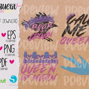 May include: A digital download of five SVG cut files featuring a crow wearing a crown with the text "Rock That Crown", a bird with the text "Queen of Me Time", a crown, the text "Call Me Queen", and a bird. The files are compatible with Cricut and Silhouette cutting machines.