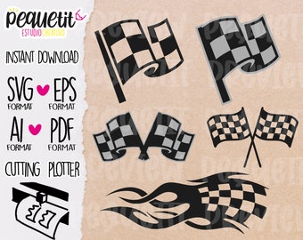 May include: A digital download of five black and white checkered flag designs. The flags are in different positions and orientations. The designs are perfect for cutting plotters and crafting projects.