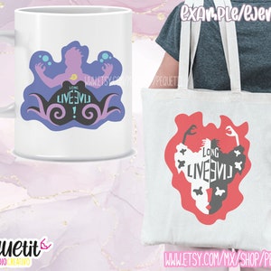 Puede incluir: Una taza de cer&aacute;mica blanca con un dise&ntilde;o morado y azul que presenta un personaje con el texto "Long Live Evil!" impreso en ella. Una bolsa de tela blanca con un dise&ntilde;o rojo que presenta un personaje con el texto "Long Live Evil!" impreso en ella.