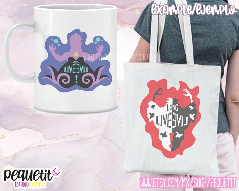 Puede incluir: Una taza de cer&aacute;mica blanca con un dise&ntilde;o morado y azul que presenta un personaje con el texto "Long Live Evil!" impreso en ella. Una bolsa de tela blanca con un dise&ntilde;o rojo que presenta un personaje con el texto "Long Live Evil!" impreso en ella.