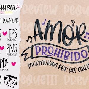 Könnte beinhalten: Ein schwarzes und violettes Design mit dem Text "AMOR PROHIBIDO" und dem Satz "MURMURAN POR LAS CALLES..." auf Spanisch. Das Design enthält Noten und ein Banner.