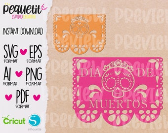 Dia de muertos Papel Picado SVG, Eps, Ai, Png, Pdf / File digitale / Vinile tessile / Download istantaneo / File di taglio digitale