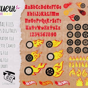 May include: Digital file set featuring car-themed graphics. Includes a full alphabet and numbers in red, along with various car wheel designs, flames, and Hot Wheels logos. The design is suitable for digital cutting machines.