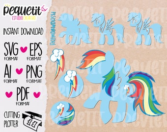 May include: A digital design file for a blue and rainbow pony with a rainbow mane and tail. The design includes a cloud with a lightning bolt and a rainbow. The file is available in SVG, EPS, AI, PNG, and PDF formats. Instant download.