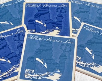Vintage Holland America Blue Delft Tile Coasters Set of Six King Neptune