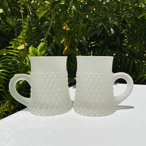 Vintage Indiana Glass Diamond Point Frosted Glass Pair of Mugs 8 Ounce Circa 1970s